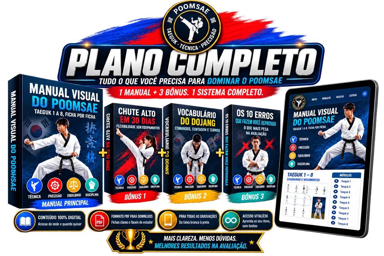 Plano completo do Manual Visual do Poomsae: manual principal, 3 bônus, versão para tablet e Taegeuk 1 ao 8